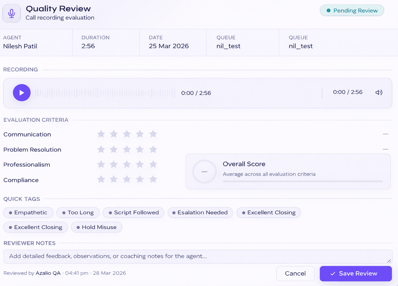 Call Quality Management dashboard